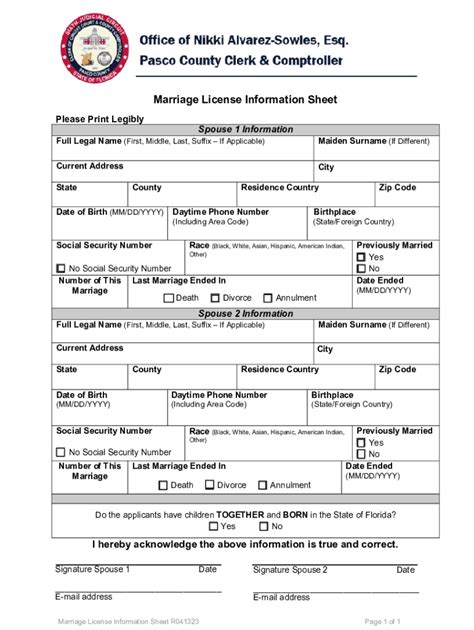 2023 2025 Fl Marriage License Information Sheet Pasco County Fill