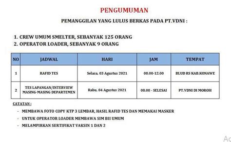 Berikut Pengumuman CTKL PT VDNI Untuk Crew Umum Smelter Dan Operator Loader