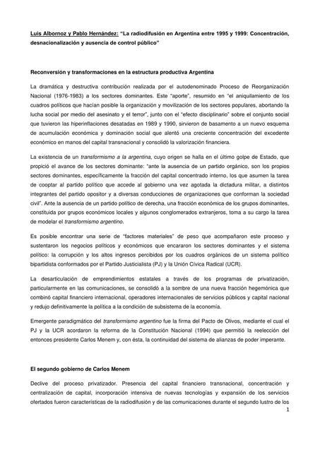 La radiodifusión en Argentina entre 1995 y 1999 Concentración