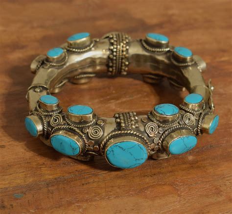 Tibetan Bracelet Silver Turquoise Stone Hand Crafted Blue Silver Round