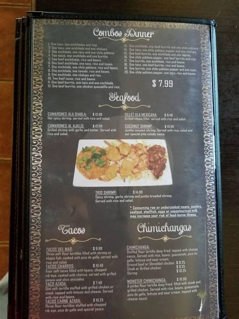 Menu at El Acapulco restaurant, Pocahontas, US-67