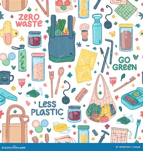 Zero Waste Seamless Background. Eco Friendly Wallpaper Concept with ...