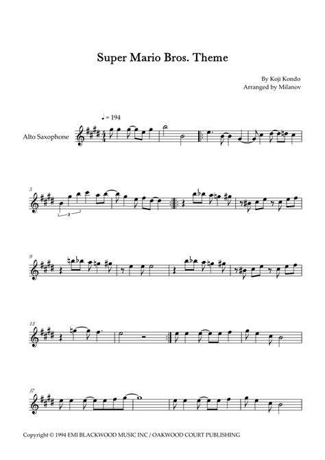 Super Mario Bros Theme Arr Milanov By Koji Kondo Sheet Music For Alto Sax Solo At Sheet Music