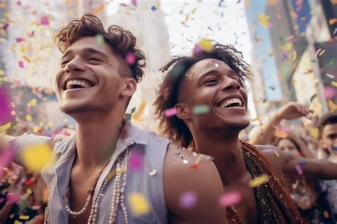 Casal Gay Feliz Comemorando Na Parada Do Orgulho LGBTQ Em Nova York EUA Pride Month Celebration