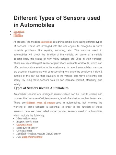 Different Types of Sensors Used in Automobiles | PDF | Internal Combustion Engine | Throttle