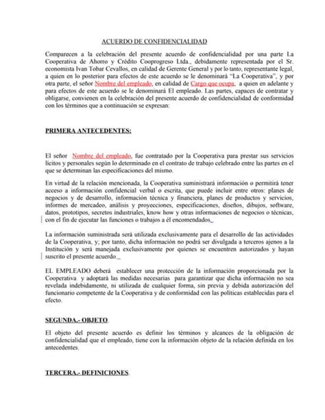 Acuerdo De Confidencialidad Empleados Pdf