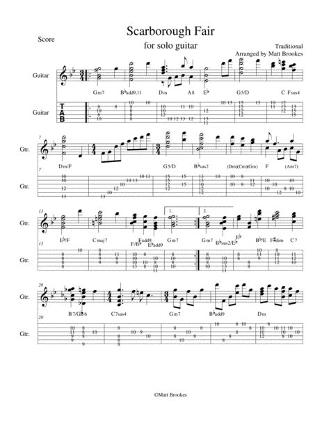 Scarborough Fair For Solo Jazz Guitar Arr Nat Brookes Sheet Music Trad Guitar Tab