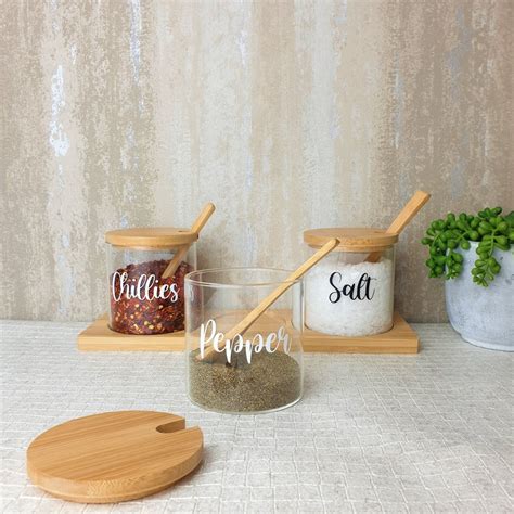 Personalised Bamboo Lid Glass Storage Jar And Spoon Set Of 3 Etsy Uk