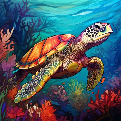 Pintura de una tortuga nadando en el océano con corales y algas ai