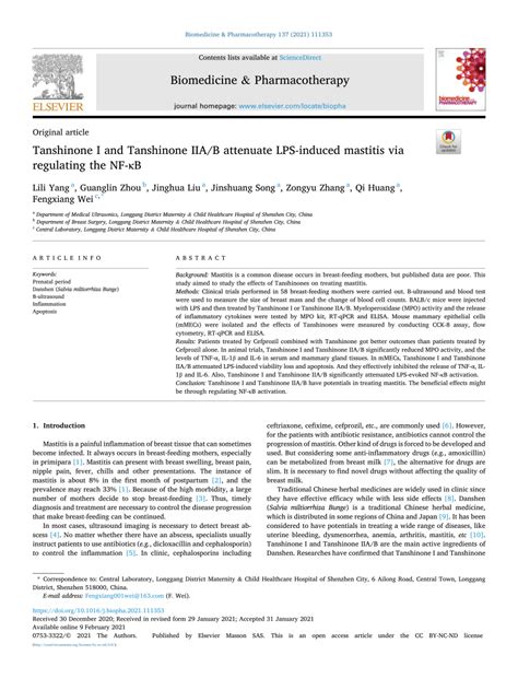 PDF Tanshinone I And Tanshinone IIA B Attenuate LPS Induced Mastitis