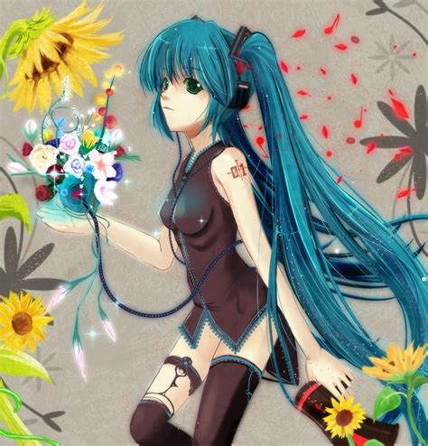 The Big Imageboard Tbib Aqua Hair Flower Green Eyes Hatsune Miku