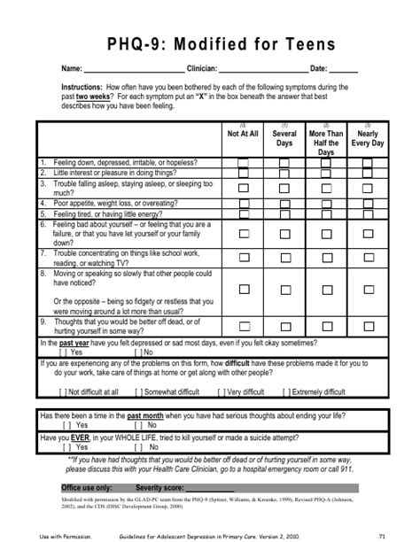 Phq 9 Modified For Teens Download Fillable Pdf Templateroller