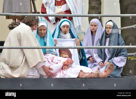 Actors Reenacting The Removing A Body Of Jesus Christ From The Cross