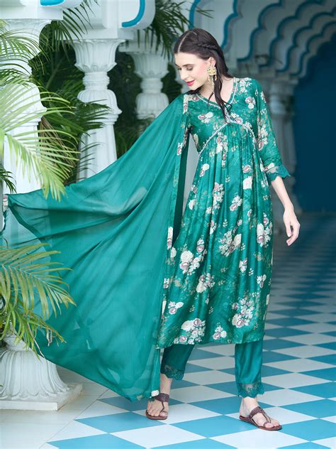 Floral Printed Pearl Embroidered Flared Kurta With Pants And Dupatta G Fashor