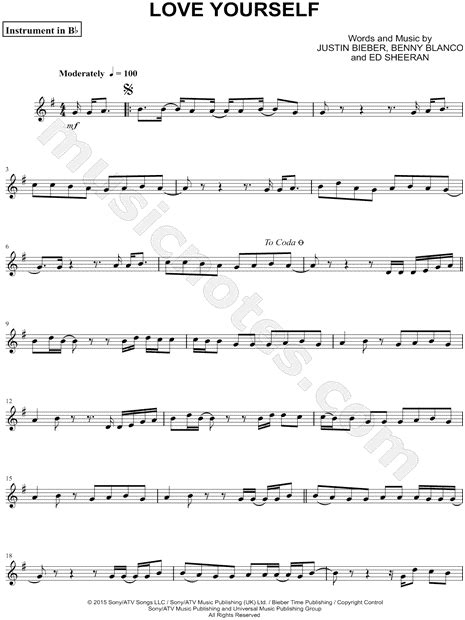 Justin Bieber Love Yourself Bb Instrument Sheet Music Trumpet