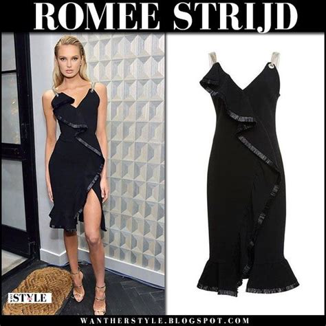 Romee Strijd In Black Ruffled Dress And Metallic Sandals At Pre Oscar