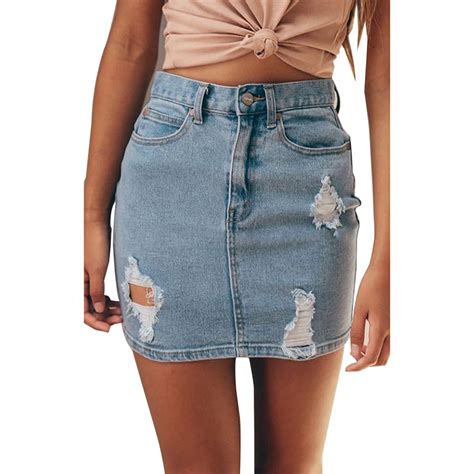 Fashion Women High Waist Pencil Skirt Sexy Bodycon Denim Beach Ripped