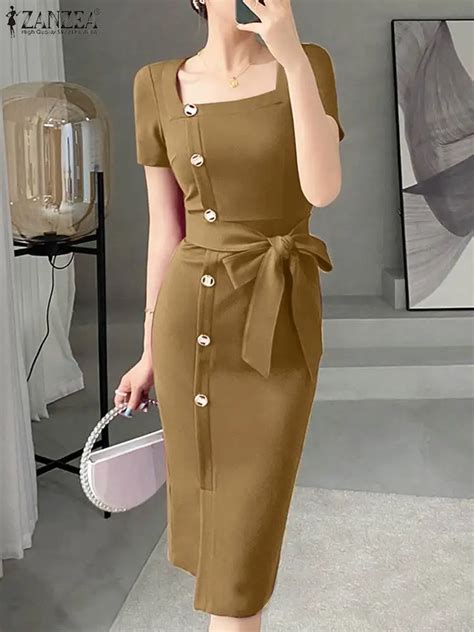 Zanzea Elegant Women Bodycon Dress Fashion Square Neck Short Sleeve