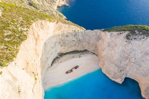 Ilha De Zakynthos Grécia Naufrágio Navagio Praia Viagem Fundo De Férias Drone Vista Foto Aérea