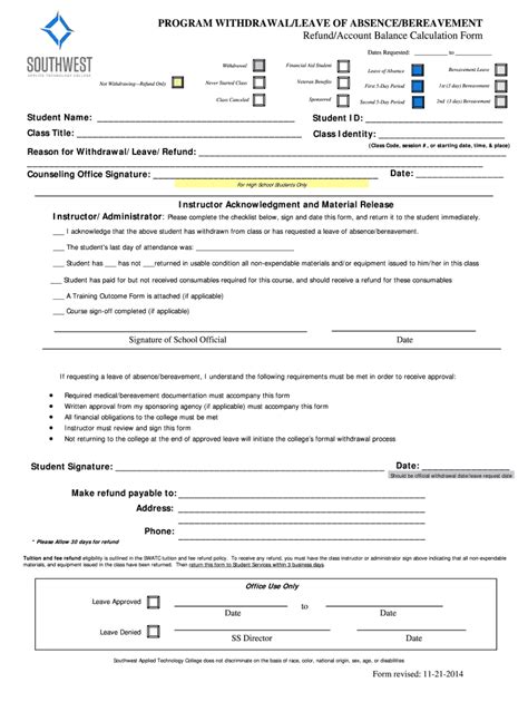 Fillable Online Program Withdrawal Leave Of Absencebreavement Working