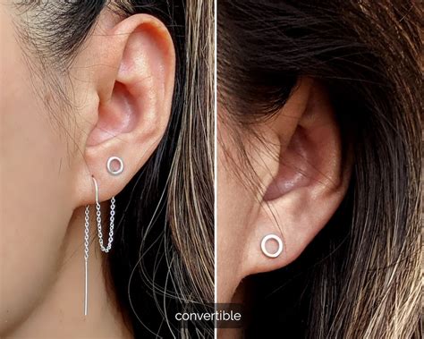 Double Piercing Earrings Set Sterling Silver Threader Etsy