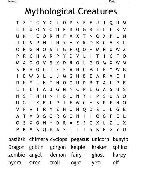 Mythological Creatures Word Search WordMint