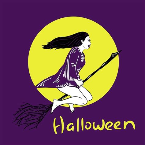 Premium Vector Witch Girl Flying On A Broom Against The Background Of