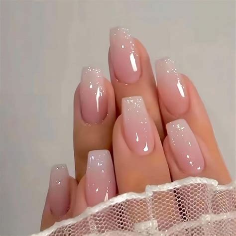 RUOKEXIN Pink Press On Nails Medium Coffin Fake Nails Glossy Acrylic