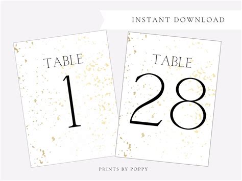 Instant Download Printable Modern Gold Dust Wedding Table Numbers 1