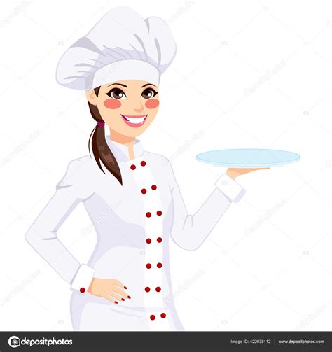 Young Happy Smiling Brunette Female Chef Uniform Holding Empty Plate