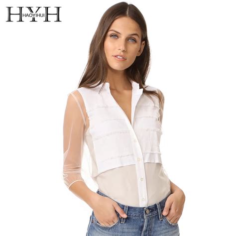 Hyh Haoyihui Mesh Contrast Sheer Sexy Women Shirts Solid White