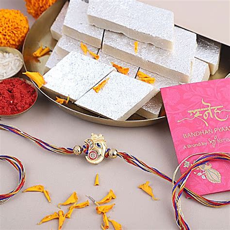 Buy Send Sneh Ganesha Motif Rakhi And Kaju Katli Online Fnp