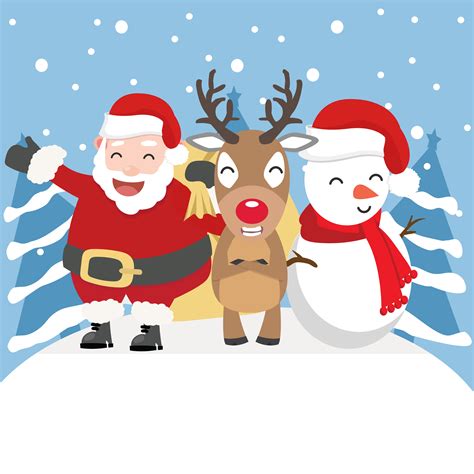 Santa Claus Reindeer And Snowman In Winter Setting 1735057 Vector Art At Vecteezy