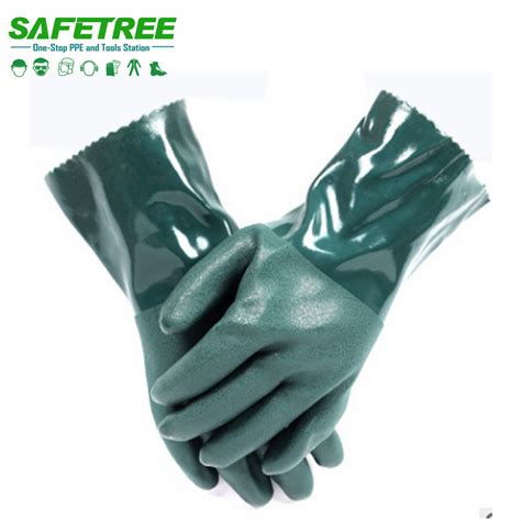 Safetree Ce En Open Cuff Pvc Double Dipped Sandy Gloves Gauntlet Pvc