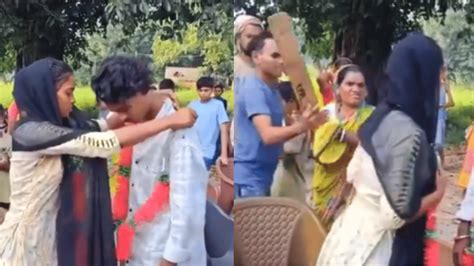 Viral Video Brides Mother Hits Her With Cricket Bat During Jaimala Ceremony Over Couples Love