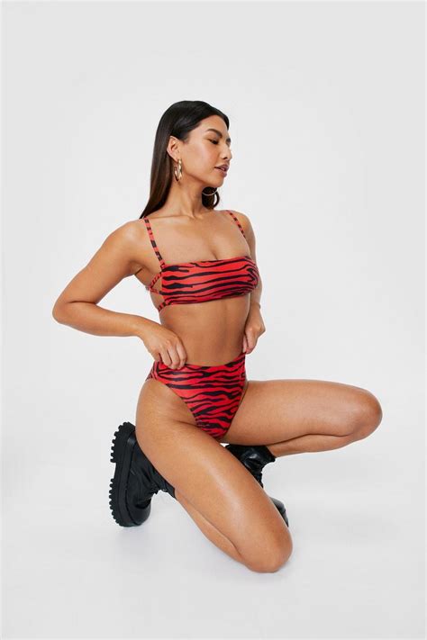 Tiger Print Strappy High Leg Bikini Set Boohoo Uk