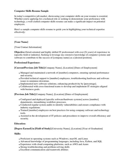 Computer Skills Resume Sample Pdf Résumé Microsoft Excel