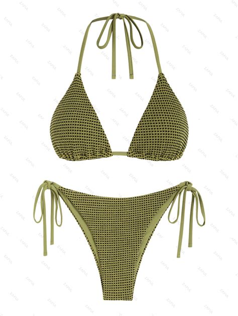 Zaful Halter Tie Side Textured String Triangle Bikini Swimwear In Light