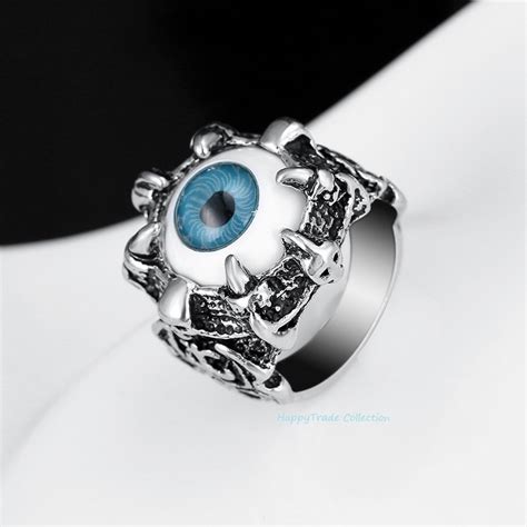 New Punk Vintage Dragon Claw Blue Evil Eye Skull Stainless Steel Biker Ring Sz 8 11