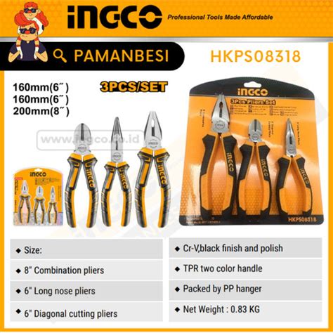 Jual INGCO Tang Set 3 In 1 Kombinasi Potong Jepit Pliers Set HKPS08318