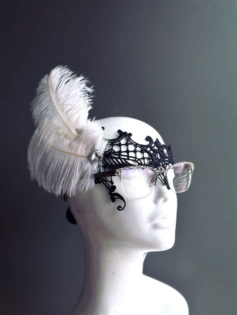 Masquerade Mask For Eyeglasses White Feather Mask Eye Glass Masks Adult Size Etsy Masquerade