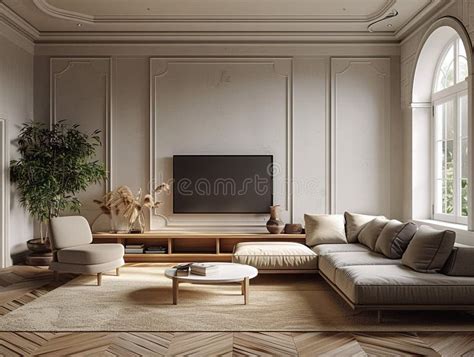 Warm And Inviting Living Room With A Large Arched Window Hardwood