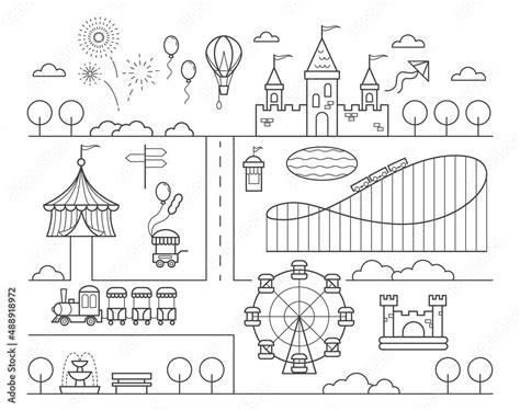 Amusement Park Map Circus Ferris Wheel Rollercoaster And Attractions