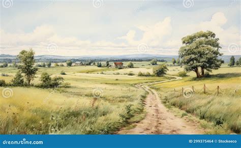 Detailed Watercolor Painting Of A Meadow S Dirt Road Stock Illustration