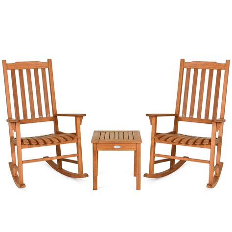 Outdoor 3 Pieces Wooden Rocking Chair Set Patio Rocker Chair And Table