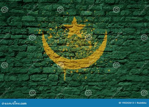 Painted Big National Flag Of Mauritania On A Massive Old Brick Wall