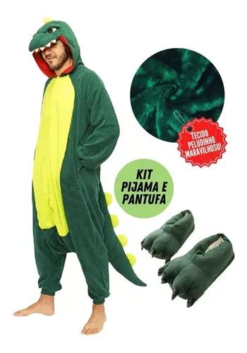 Kit Pijama Dinossauro Pantufa Kigurumi Cores Rosa Verde Frete Gr Tis