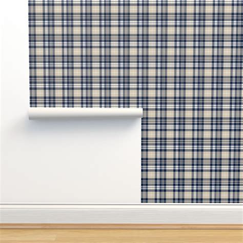 fall plaid || navy, tan, white Wallpaper | Spoonflower