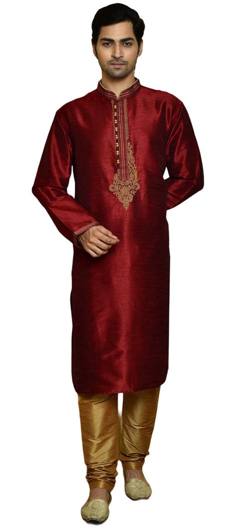 Red And Maroon Color Art Dupion Silk Fabric Kurta Pyjamas