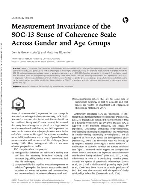 Pdf Measurement Invariance Of The Soc 13 Sense Of Coherence Scale